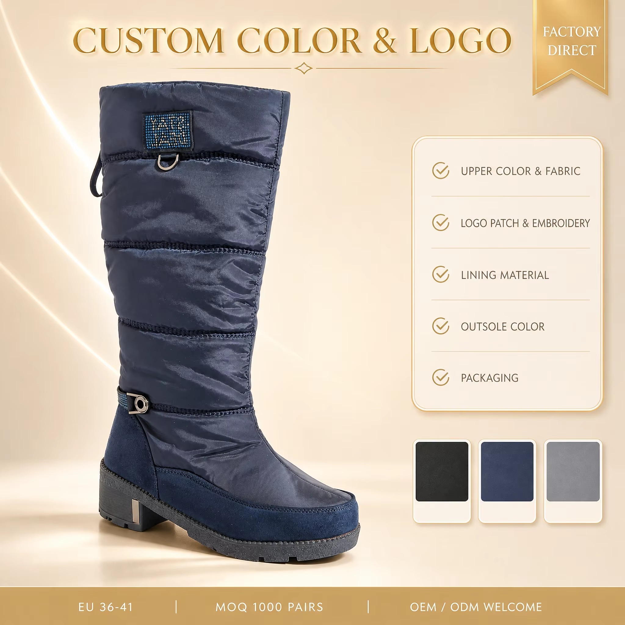 OEM ODM Knee-High Quilted Waterproof Faux Suede Snow Boots Warm Anti-Slip Women Tall Winter Boots with Side Zippers