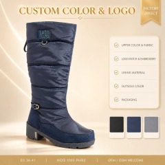 OEM ODM Knee-High Quilted Waterproof Faux Suede Snow Boots Warm Anti-Slip Women Tall Winter Boots with Side Zippers