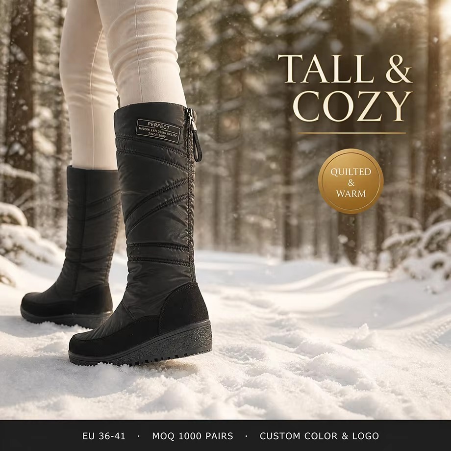OEM ODM Gentle Style Knee-High Quilted Waterproof Faux Suede Snow Boots Warm Wedge Women Tall Winter Boots