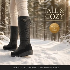 OEM ODM Gentle Style Knee-High Quilted Waterproof Faux Suede Snow Boots Warm Wedge Women Tall Winter Boots