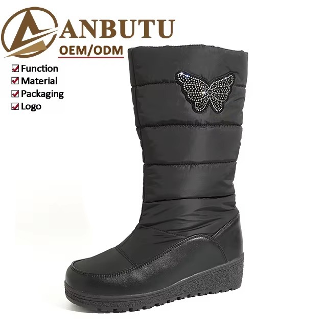 Women Snow Boots Rhinestone Butterfly Winter Warm Mid Calf Shoes Waterproof Puffer Wedge Booties for Ladies
