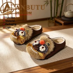 Chinese Style Tiger Head Clogs & Mules for Women Handmade Real Fur Embroidered Backless Slippers Cloth Flat Shoes