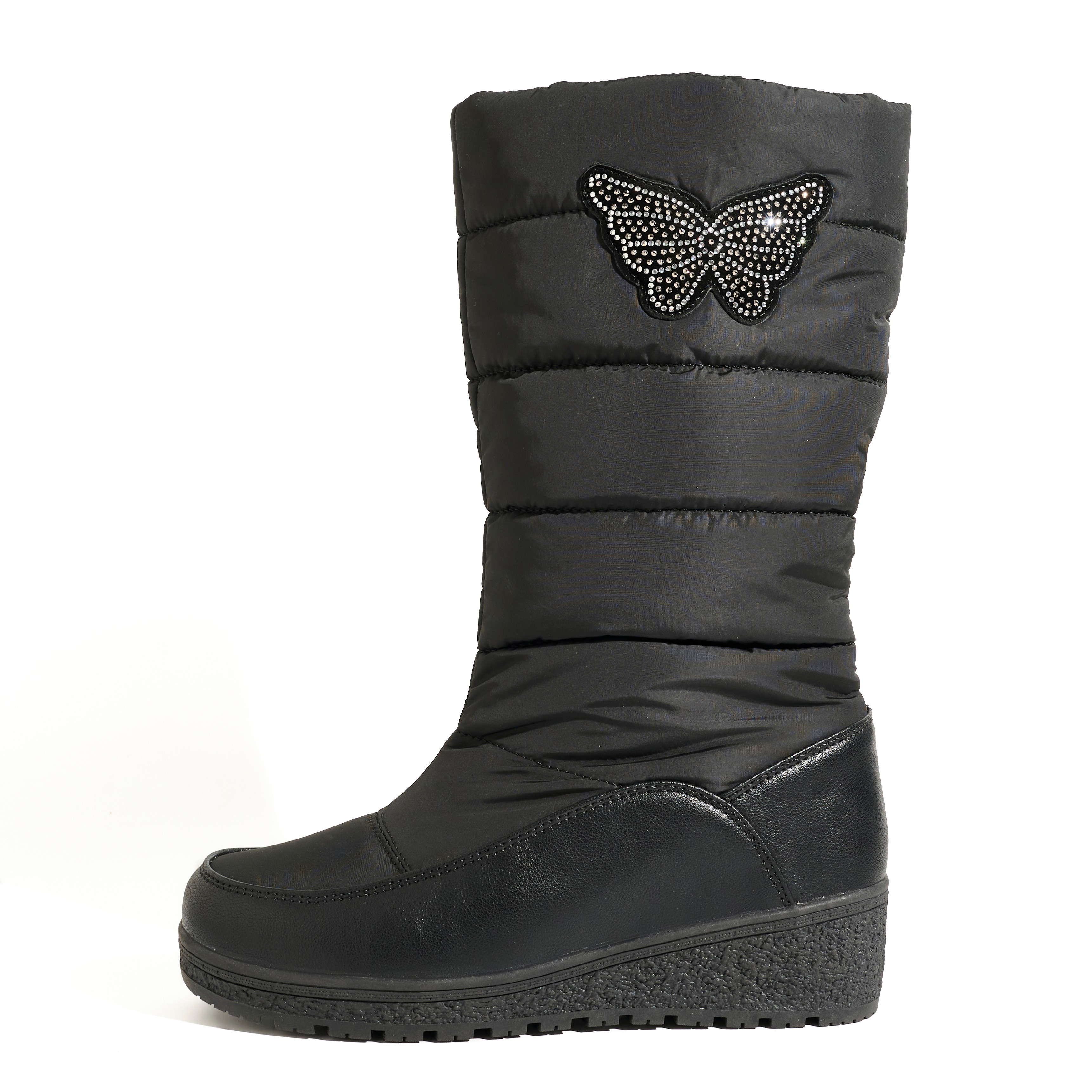 Women Snow Boots Rhinestone Butterfly Winter Warm Mid Calf Shoes Waterproof Puffer Wedge Booties for Ladies