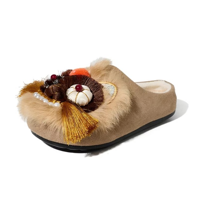 Chinese Style Tiger Head Clogs & Mules for Women Handmade Real Fur Embroidered Backless Slippers Cloth Flat Shoes