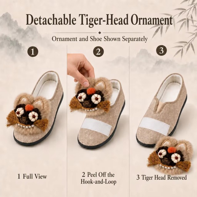 Chinese Style Tiger Head Clogs & Mules for Women Handmade Real Fur Embroidered Backless Slippers Cloth Flat Shoes