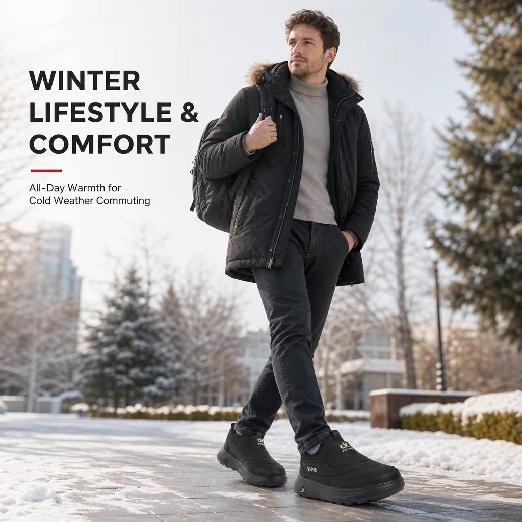 Large Size Wholesale OEM Men's Winter Slip-On Casual Shoes Anti-Slip Chunky Sole Wide Fit Fur Lined Warm Walking Shoes