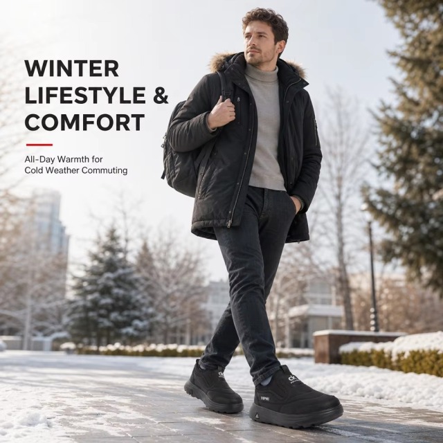 Large Size Wholesale OEM Men's Winter Slip-On Casual Shoes Anti-Slip Chunky Sole Wide Fit Fur Lined Warm Walking Shoes
