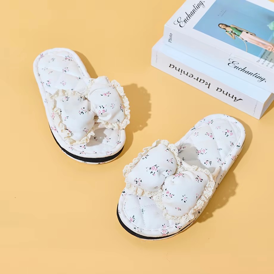 Factory Custom Bedroom Tree-layer Soft Thick Bottom Silent Slippers Anti-slip Comfortable Indoor Women's Soft Cloth Bow Slippers