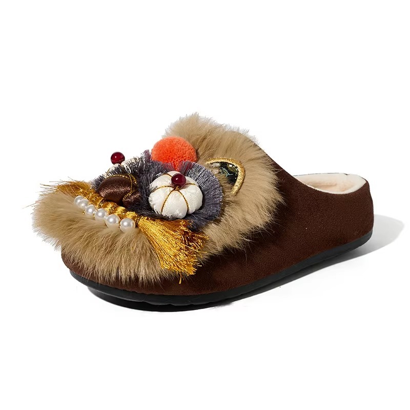 Chinese Style Tiger Head Clogs & Mules for Women Handmade Real Fur Embroidered Backless Slippers Cloth Flat Shoes