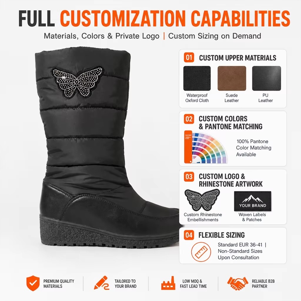 Women Snow Boots Rhinestone Butterfly Winter Warm Mid Calf Shoes Waterproof Puffer Wedge Booties for Ladies