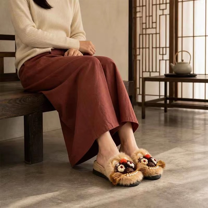 Chinese Style Tiger Head Clogs & Mules for Women Handmade Real Fur Embroidered Backless Slippers Cloth Flat Shoes