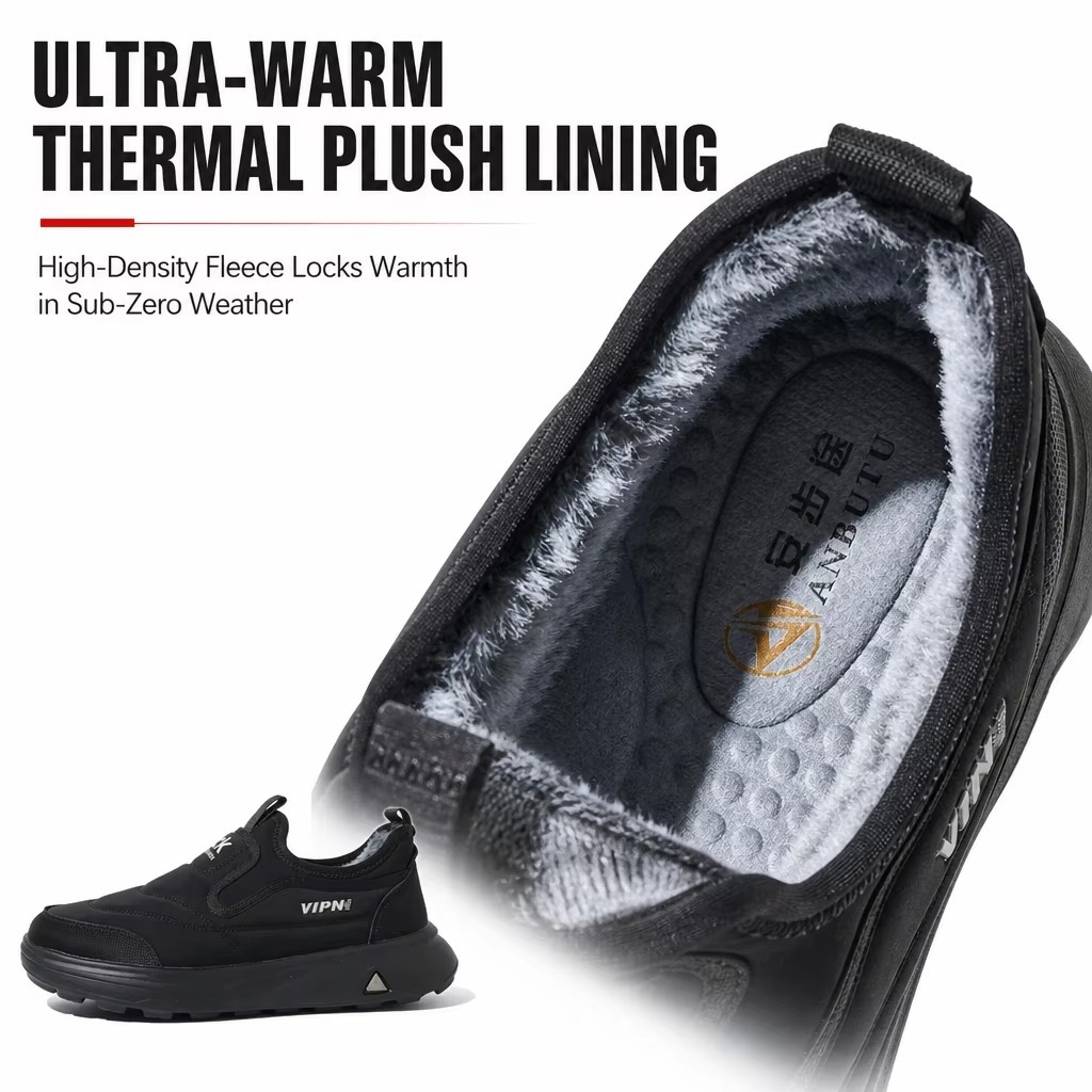 Large Size Wholesale OEM Men's Winter Slip-On Casual Shoes Anti-Slip Chunky Sole Wide Fit Fur Lined Warm Walking Shoes