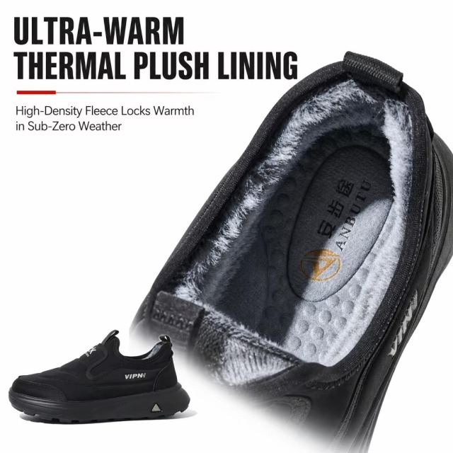 Large Size Wholesale OEM Men's Winter Slip-On Casual Shoes Anti-Slip Chunky Sole Wide Fit Fur Lined Warm Walking Shoes