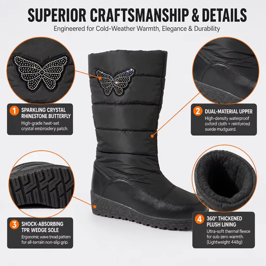 Women Snow Boots Rhinestone Butterfly Winter Warm Mid Calf Shoes Waterproof Puffer Wedge Booties for Ladies