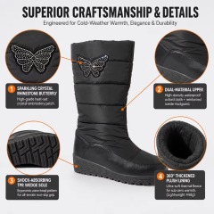 Women Snow Boots Rhinestone Butterfly Winter Warm Mid Calf Shoes Waterproof Puffer Wedge Booties for Ladies