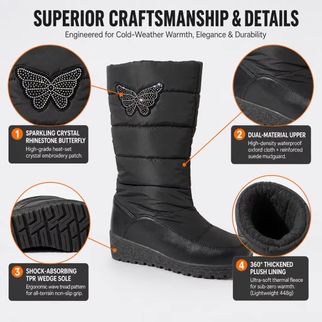 Women Snow Boots Rhinestone Butterfly Winter Warm Mid Calf Shoes Waterproof Puffer Wedge Booties for Ladies