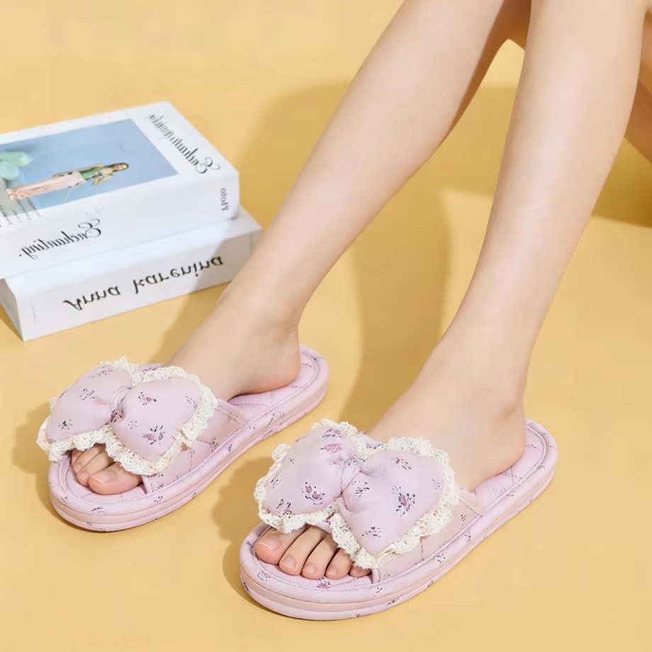 Factory Custom Bedroom Tree-layer Soft Thick Bottom Silent Slippers Anti-slip Comfortable Indoor Women's Soft Cloth Bow Slippers