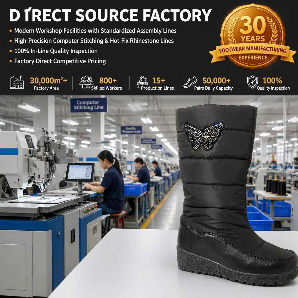 Women Snow Boots Rhinestone Butterfly Winter Warm Mid Calf Shoes Waterproof Puffer Wedge Booties for Ladies