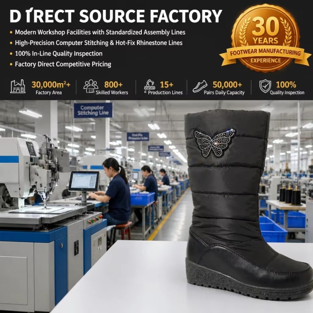 Women Snow Boots Rhinestone Butterfly Winter Warm Mid Calf Shoes Waterproof Puffer Wedge Booties for Ladies