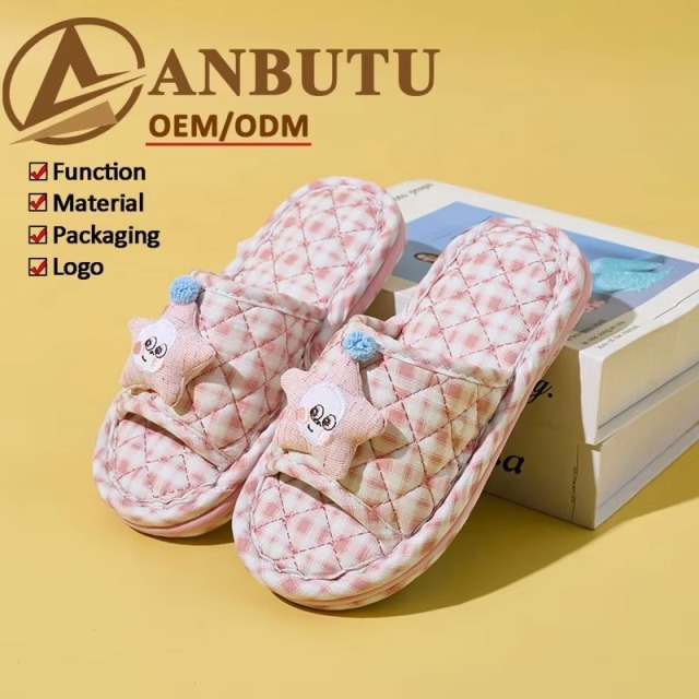 Quilted Fabric Slippers for Women Cute Star Embroidered Face Slip on Indoor Home Slipper EVA Anti Slip Dot Sole Size 35 to 45