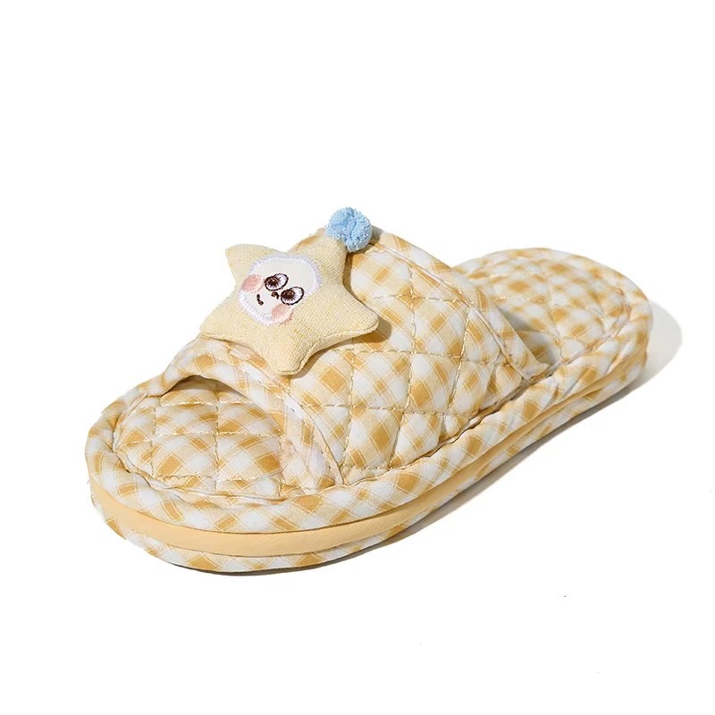 Quilted Fabric Slippers for Women Cute Star Embroidered Face Slip on Indoor Home Slipper EVA Anti Slip Dot Sole Size 35 to 45