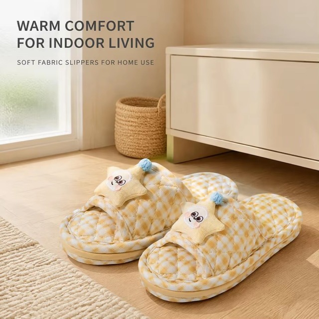 Quilted Fabric Slippers for Women Cute Star Embroidered Face Slip on Indoor Home Slipper EVA Anti Slip Dot Sole Size 35 to 45
