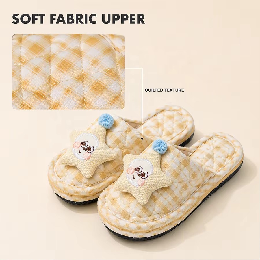 Quilted Fabric Slippers for Women Cute Star Embroidered Face Slip on Indoor Home Slipper EVA Anti Slip Dot Sole Size 35 to 45