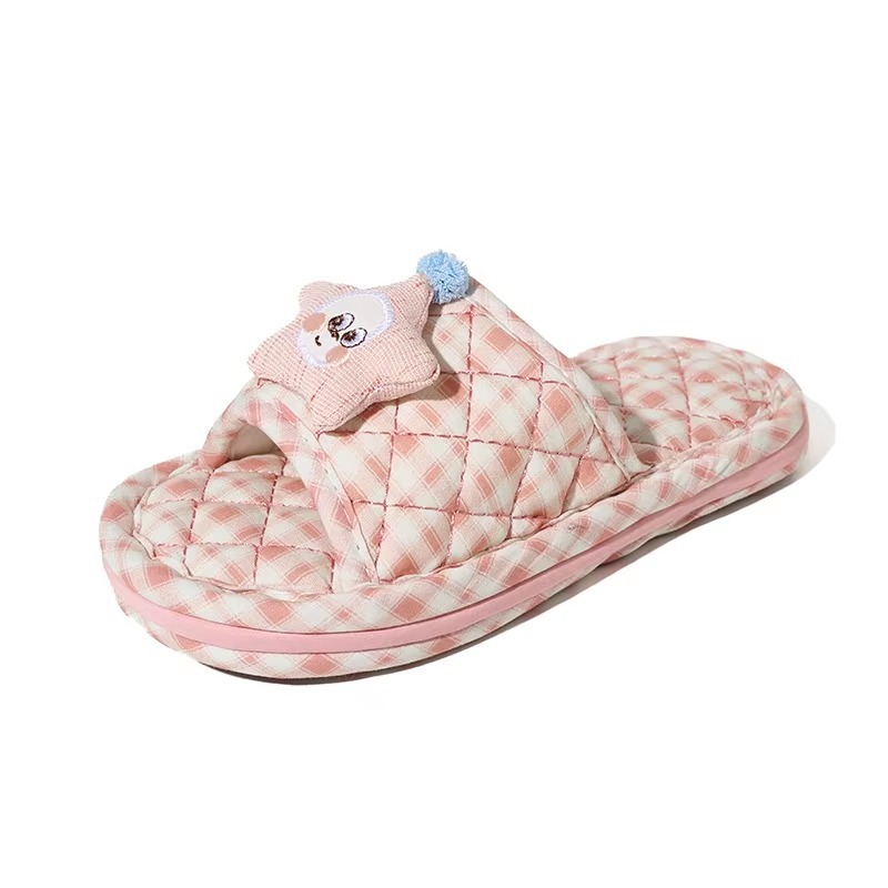 Quilted Fabric Slippers for Women Cute Star Embroidered Face Slip on Indoor Home Slipper EVA Anti Slip Dot Sole Size 35 to 45