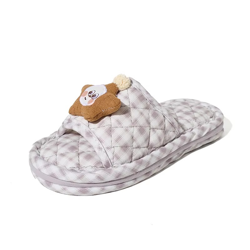 Quilted Fabric Slippers for Women Cute Star Embroidered Face Slip on Indoor Home Slipper EVA Anti Slip Dot Sole Size 35 to 45