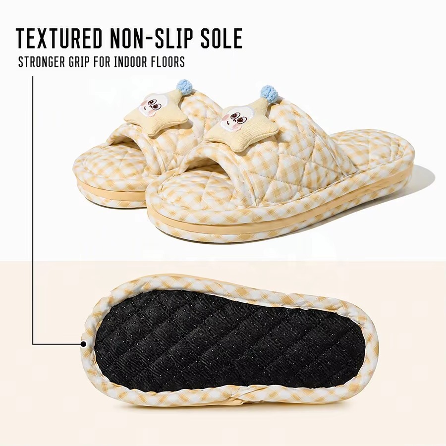 Quilted Fabric Slippers for Women Cute Star Embroidered Face Slip on Indoor Home Slipper EVA Anti Slip Dot Sole Size 35 to 45