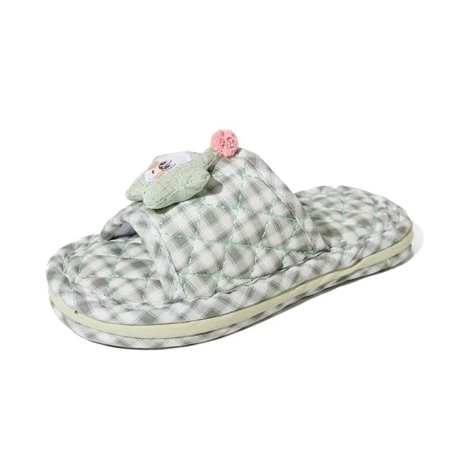 Quilted Fabric Slippers for Women Cute Star Embroidered Face Slip on Indoor Home Slipper EVA Anti Slip Dot Sole Size 35 to 45