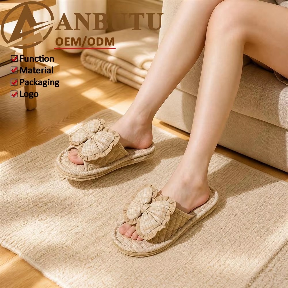 Matching Couple Indoor Slippers Vintage Floral Fabric Slides with Bow and Lace Trim Cotton Home Anti-Slip House Shoes