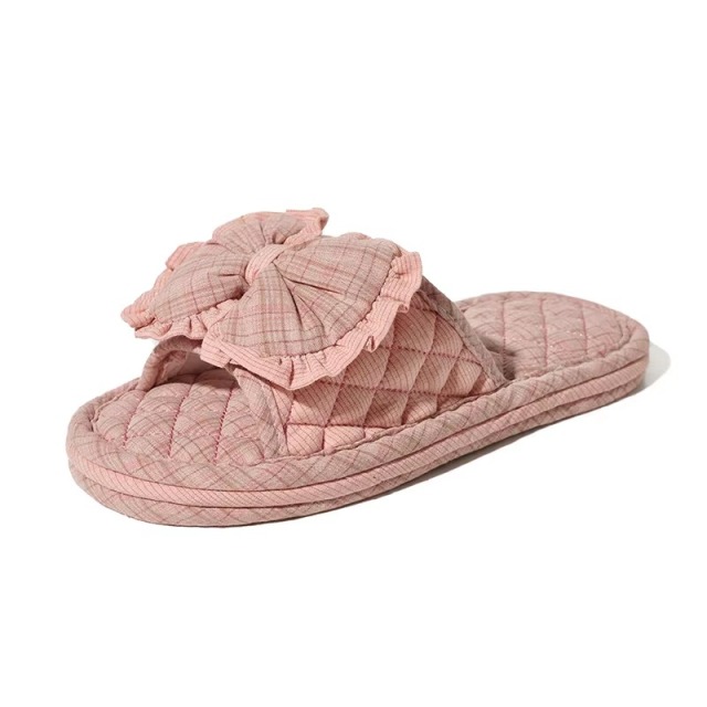 Matching Couple Indoor Slippers Vintage Floral Fabric Slides with Bow and Lace Trim Cotton Home Anti-Slip House Shoes