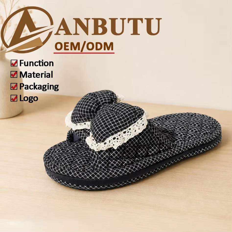 Check Fabric House Slippers Women Bow Lace Trim Open Toe Three Layer Sole Quiet Soft Korean Style Indoor Wholesale