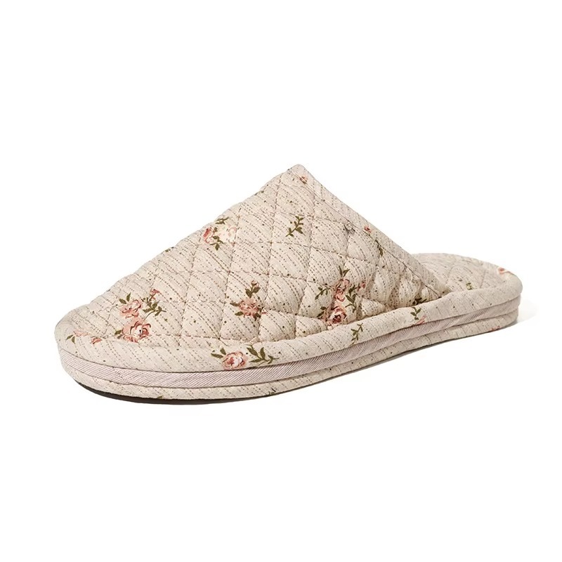 New Women's Indoor House for Soft Cotton Fabric Korean Style Two-Layer Sole Anti-Slip Machine Washable Floral