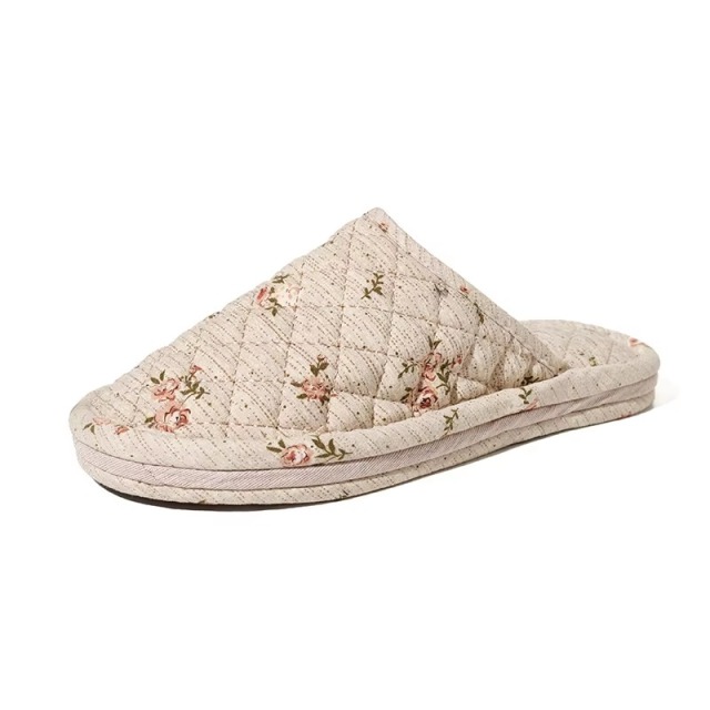 New Women's Indoor House for Soft Cotton Fabric Korean Style Two-Layer Sole Anti-Slip Machine Washable Floral