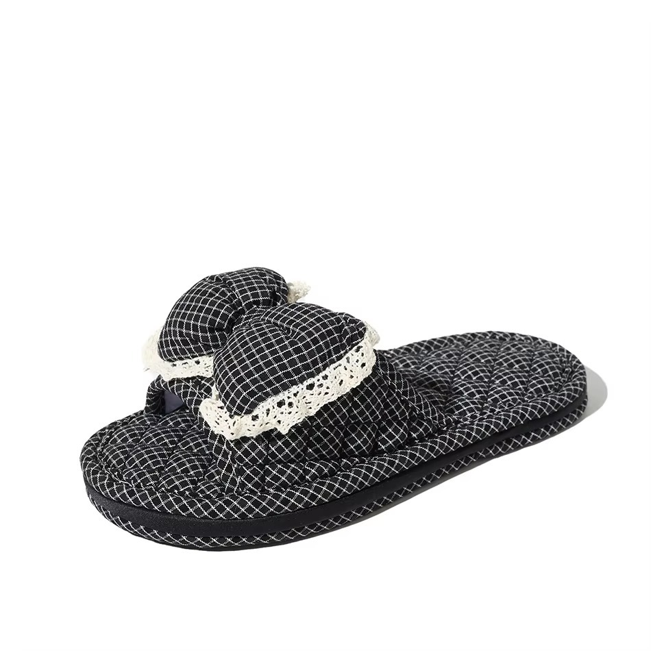 Check Fabric House Slippers Women Bow Lace Trim Open Toe Three Layer Sole Quiet Soft Korean Style Indoor Wholesale