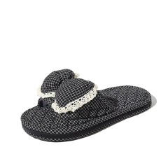 Check Fabric House Slippers Women Bow Lace Trim Open Toe Three Layer Sole Quiet Soft Korean Style Indoor Wholesale