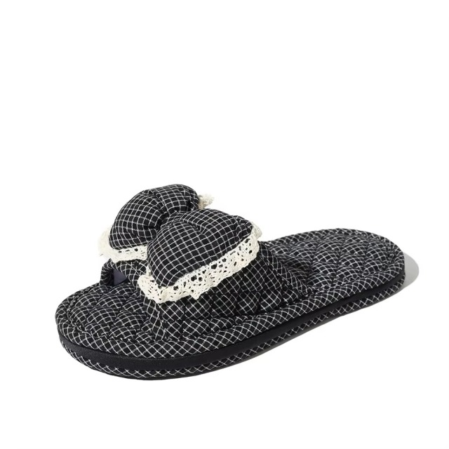 Check Fabric House Slippers Women Bow Lace Trim Open Toe Three Layer Sole Quiet Soft Korean Style Indoor Wholesale