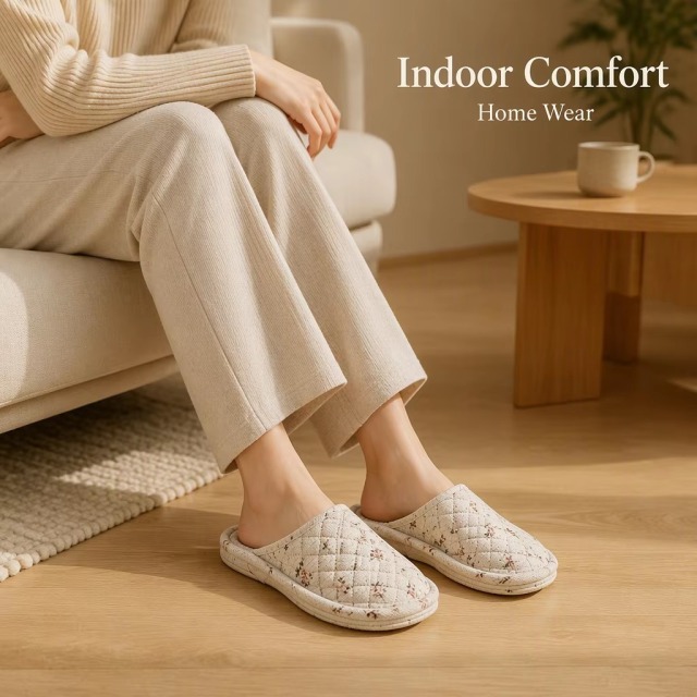 New Women's Indoor House for Soft Cotton Fabric Korean Style Two-Layer Sole Anti-Slip Machine Washable Floral