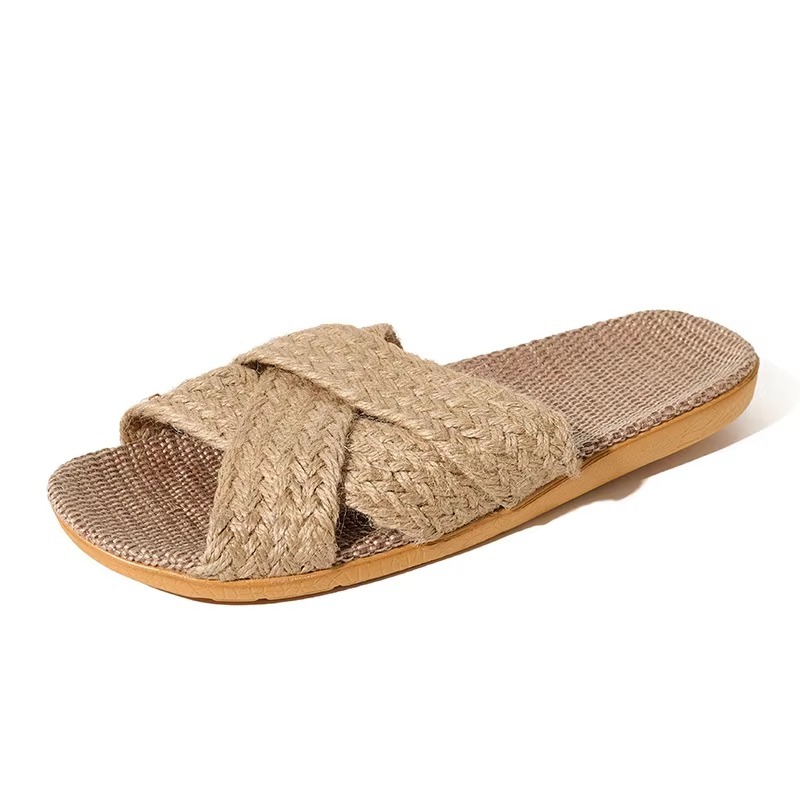 Wholesale Cross Strap Linen House Slippers Men Women Quiet Breathable Moisture Wicking Lightweight Indoor Slipper