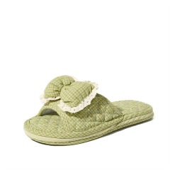 Check Fabric House Slippers Women Bow Lace Trim Open Toe Three Layer Sole Quiet Soft Korean Style Indoor Wholesale