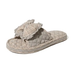 Matching Couple Indoor Slippers Vintage Floral Fabric Slides with Bow and Lace Trim Cotton Home Anti-Slip House Shoes