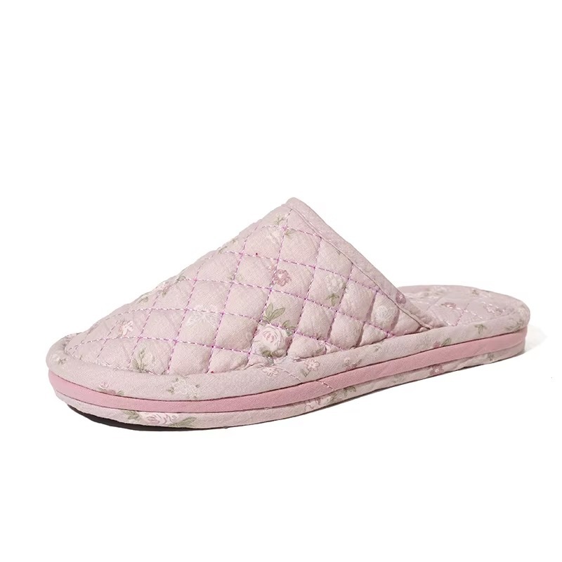 New Women's Indoor House for Soft Cotton Fabric Korean Style Two-Layer Sole Anti-Slip Machine Washable Floral