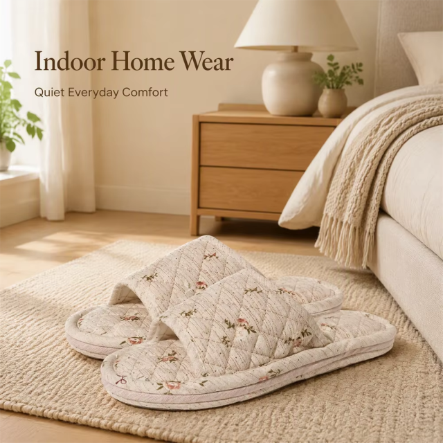 New Women's Indoor House for Soft Cotton Fabric Korean Style Two-Layer Sole Anti-Slip Machine Washable Floral