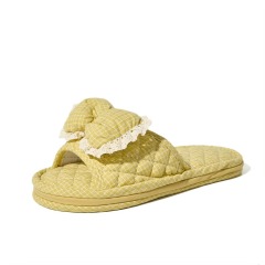 Check Fabric House Slippers Women Bow Lace Trim Open Toe Three Layer Sole Quiet Soft Korean Style Indoor Wholesale
