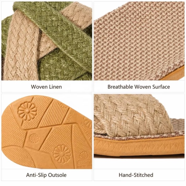 Wholesale Cross Strap Linen House Slippers Men Women Quiet Breathable Moisture Wicking Lightweight Indoor Slipper