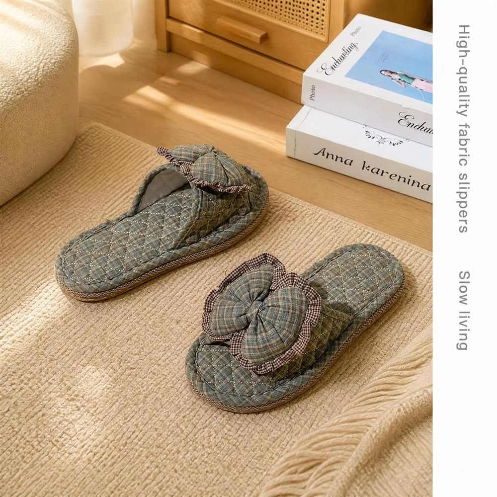 Matching Couple Indoor Slippers Vintage Floral Fabric Slides with Bow and Lace Trim Cotton Home Anti-Slip House Shoes