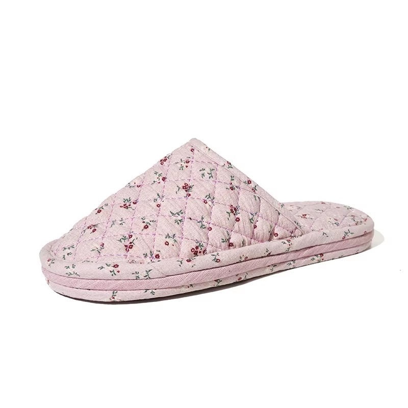 New Women's Indoor House for Soft Cotton Fabric Korean Style Two-Layer Sole Anti-Slip Machine Washable Floral