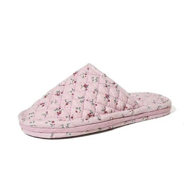 New Women's Indoor House for Soft Cotton Fabric Korean Style Two-Layer Sole Anti-Slip Machine Washable Floral